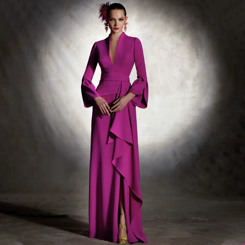 Robe de soirée élégante, manches longues, Fuchsia, col en V, pour mère de la mariée, pour mariage, f