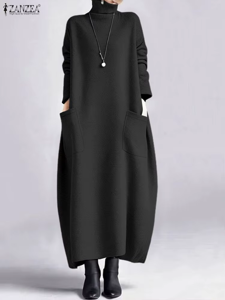 ZANZEA mode sweat robe femmes décontracté col roulé à manches longues solide a-ligne Robes mi-longue