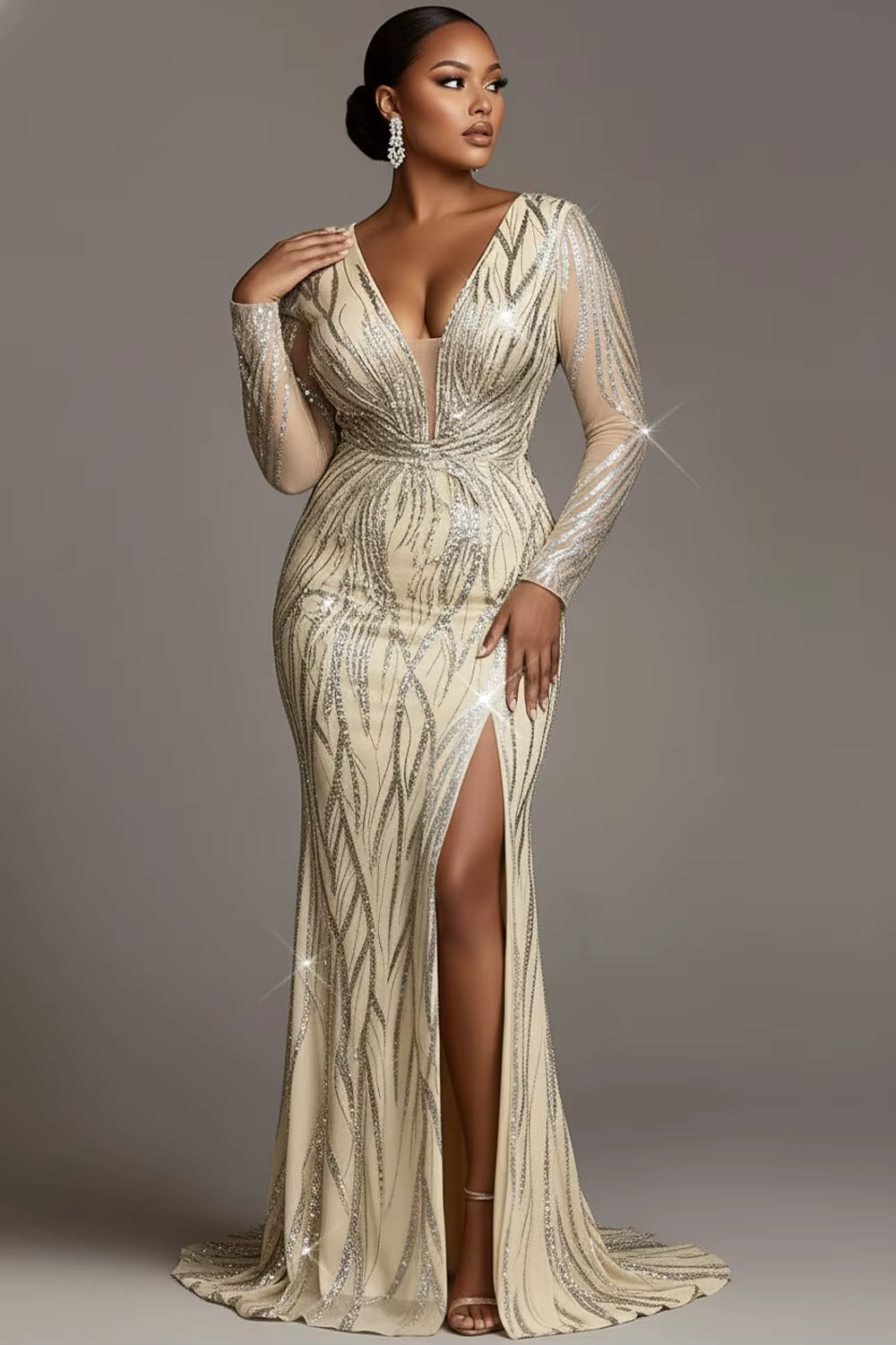 Robe de mariée grande taille en Tulle argenté, col en V, manches longues, fendue, élégante, moulante
