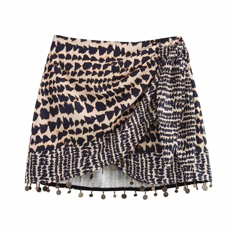 Jupe mini asymétrique sexy à imprimé léopard pour femme 2026 avec taille à nouer et ourlet à franges