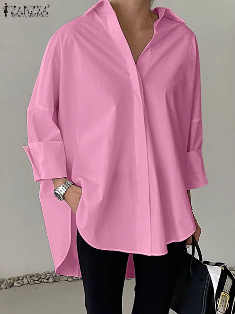 Chemisier blanc oversize ZANZEA pour femme, col rabattu, manches longues, boutonnage, coupe asymétri