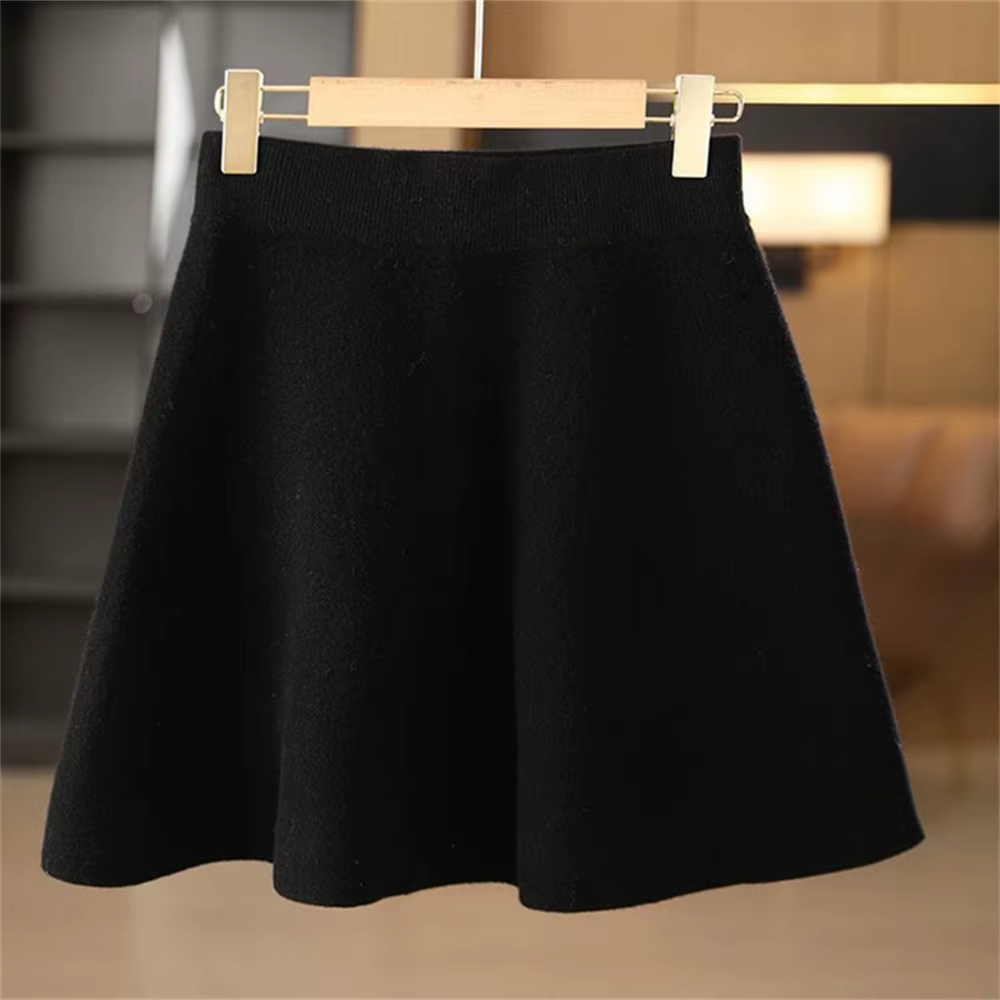 Jupe en laine pour femmes automne hiver taille élastique Mini jupe trapèze en cachemire laine tricot
