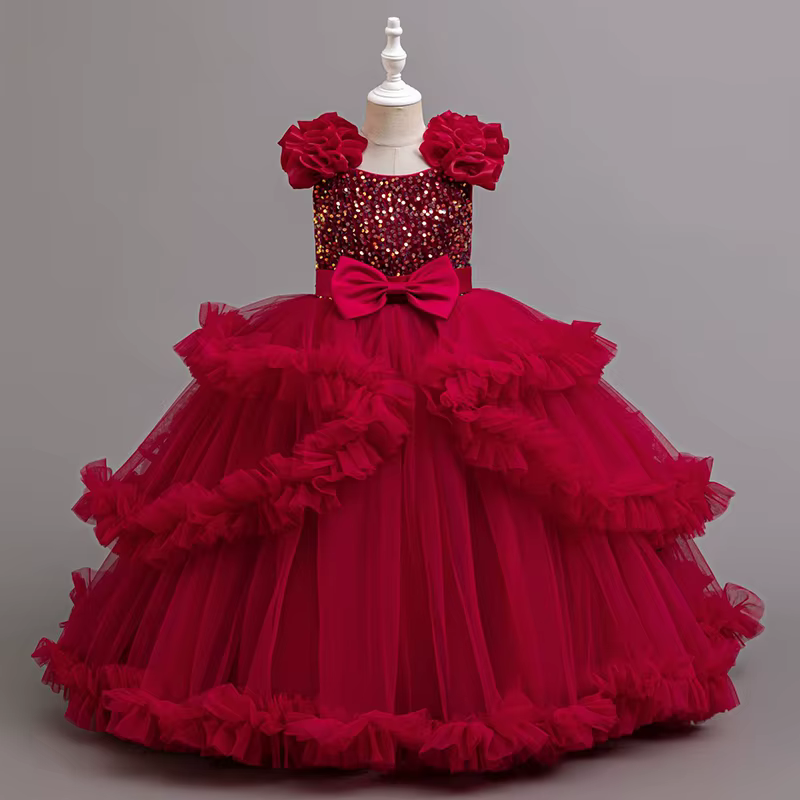 Robe longue à fleurs en tulle à paillettes pour filles, vêtements de performance de Noël, adaptée au