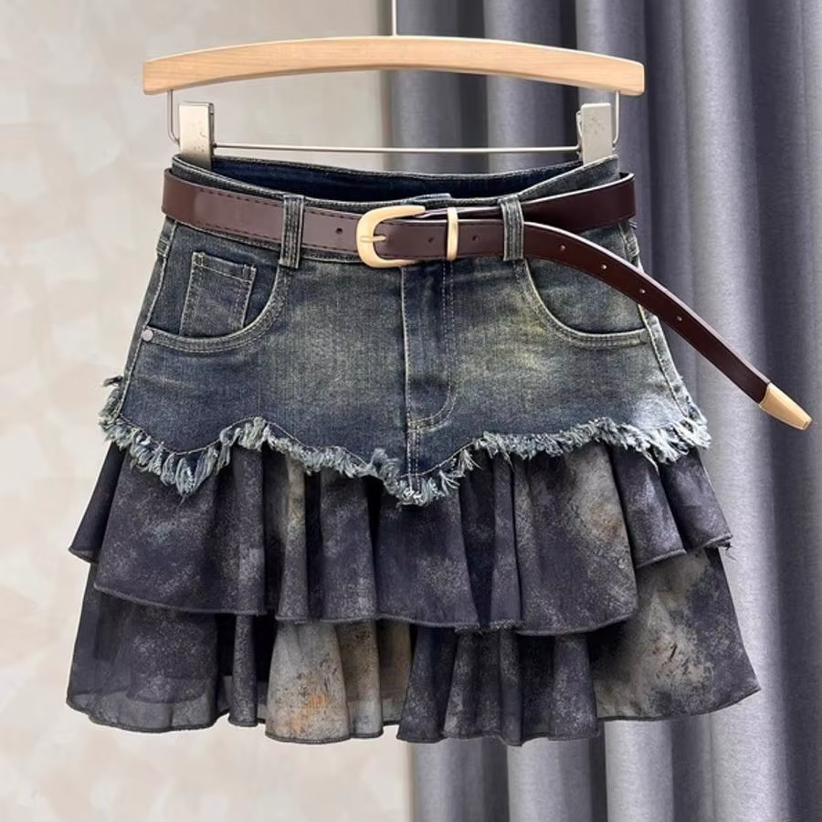 Jupe en jean épissé pour femmes, jupe gâteau superposée, nouvelle jupe courte trapèze amincissante t