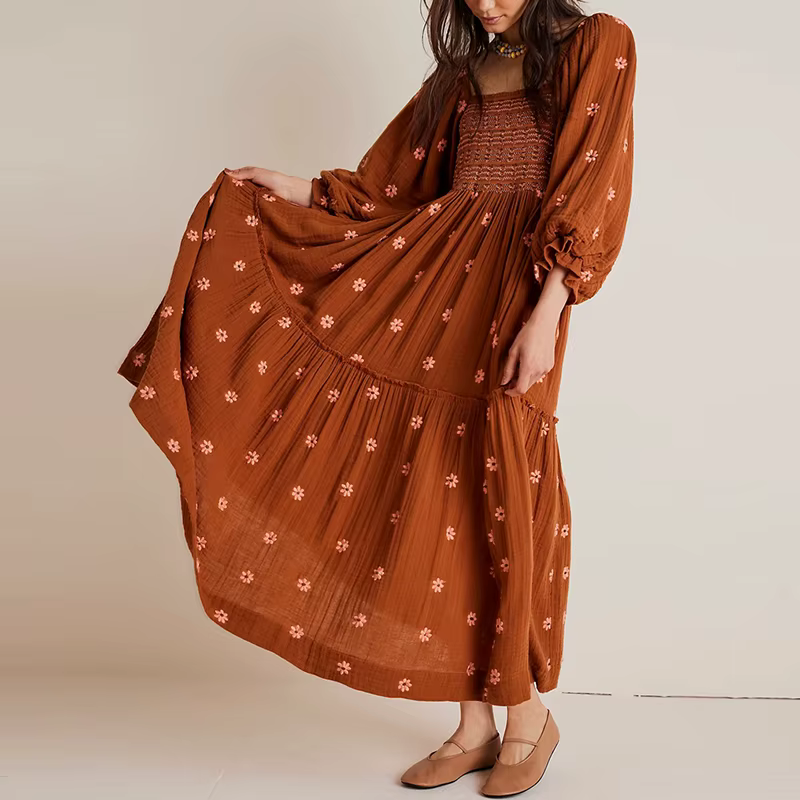 Robe florale bohème femmes col carré à volants balançoire une ligne robe Maxi à manches longues Styl