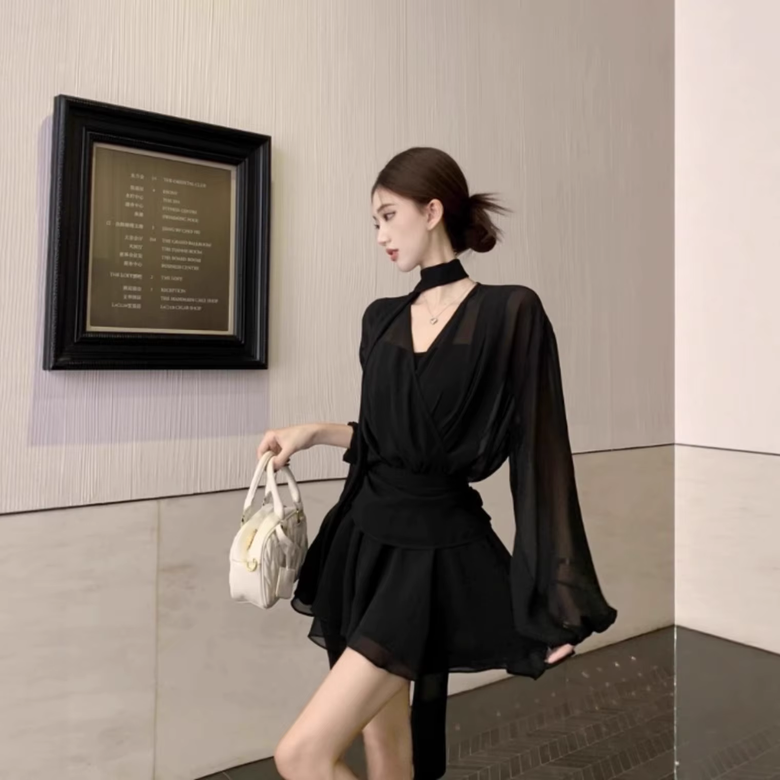 Robe élégante noire de style français à manches longues avec ceinture, nouvelle collection automne p