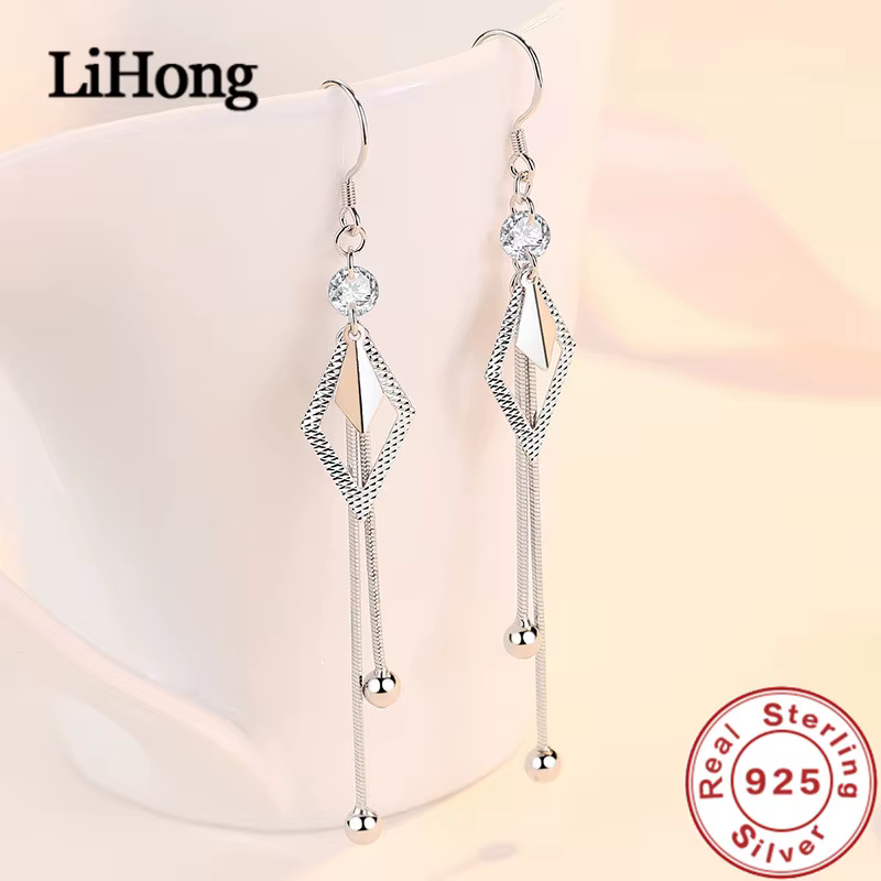 Boucles d'oreilles longues en argent Sterling 925, pampilles en forme de diamant en Zircon, bijoux à