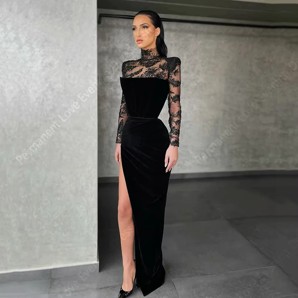 Robe De soirée élégante noire pour femmes, classique, moderne, col haut, robes De bal en dentelle, m