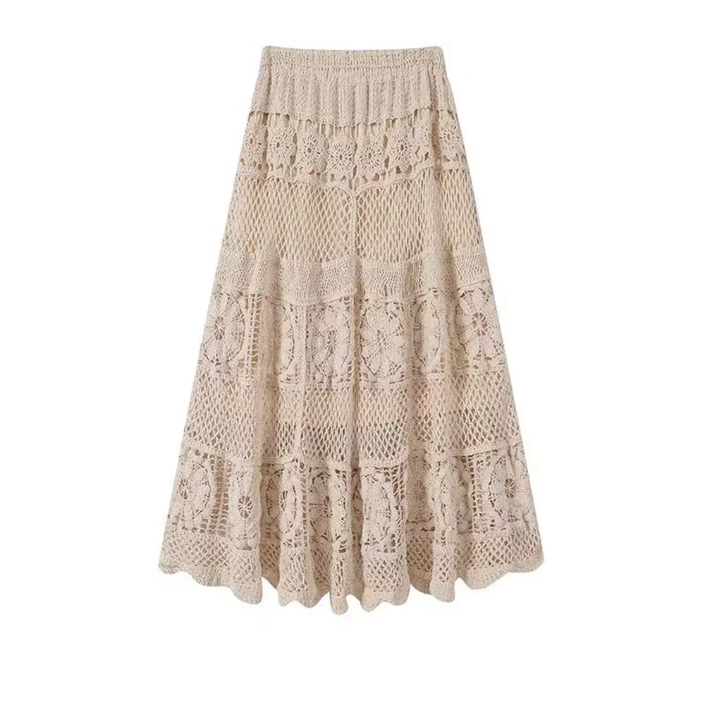 Jupe mi-longue Vintage pour femmes, tricotée, taille haute, ajourée, motif Floral, en dentelle, élég
