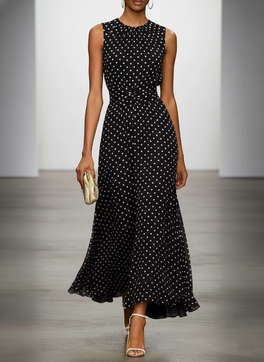 Robe longue élégante à pois pour femme, mode été 2026, sans manches, col rond, robes maxi décontract