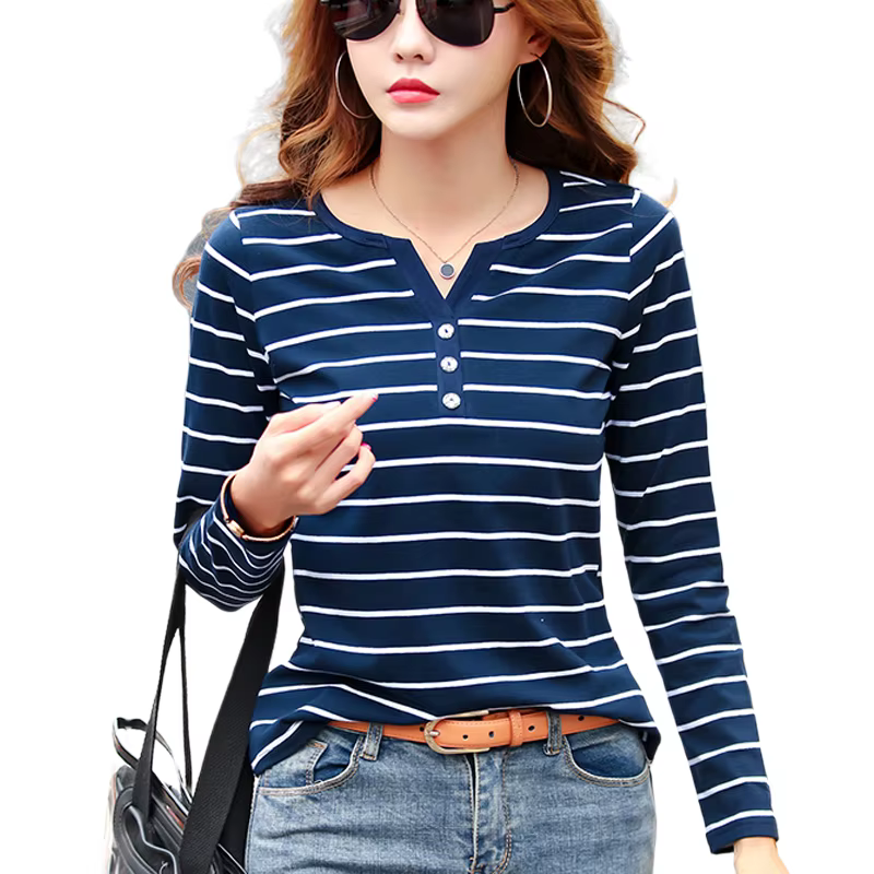 T-Shirt en coton femmes à manches longues rayé T-Shirt mode 2023 printemps automne femme vêtements h