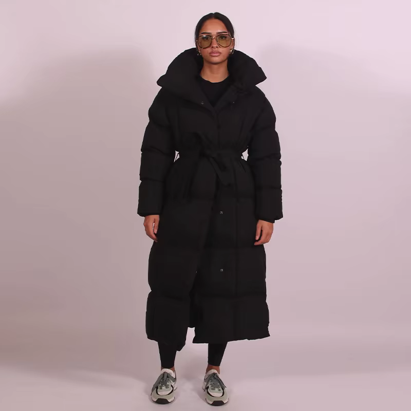 Hiver chaud col montant longue à lacets doudoune femmes mode solide à volants doux taille cintrée ma