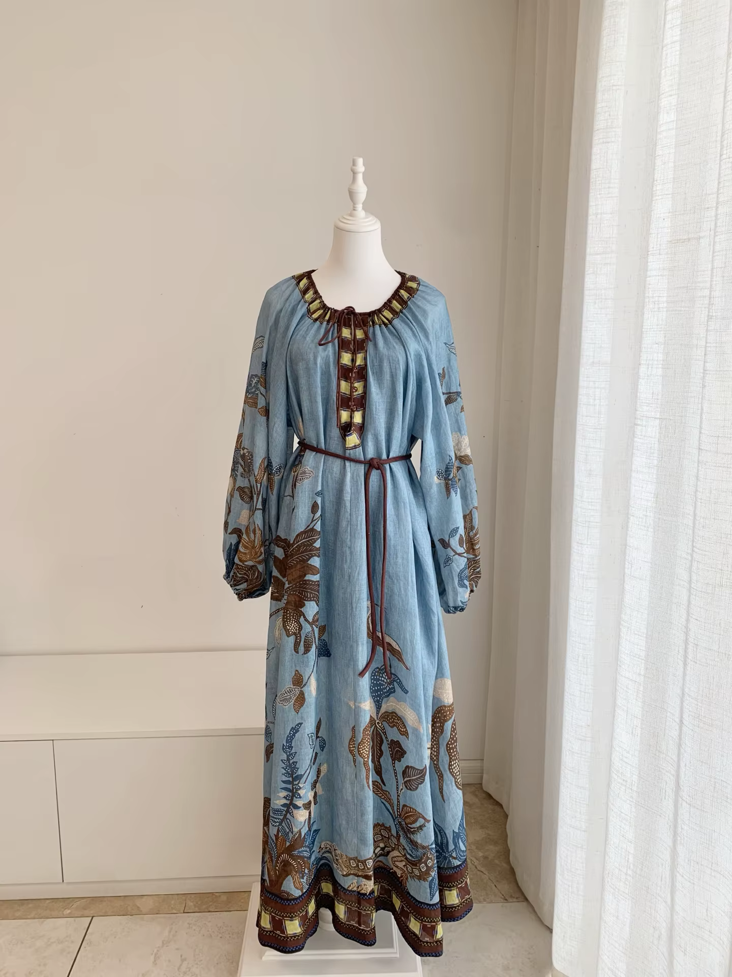 Robe longue bleue à manches longues pour femmes, robe longue imprimée de fleurs avec doublure