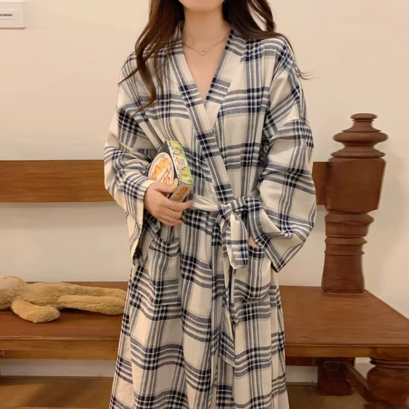 Robe de chambre pour femmes printemps-été, peignoir, robe ample à carreaux simple pour femmes, chemi