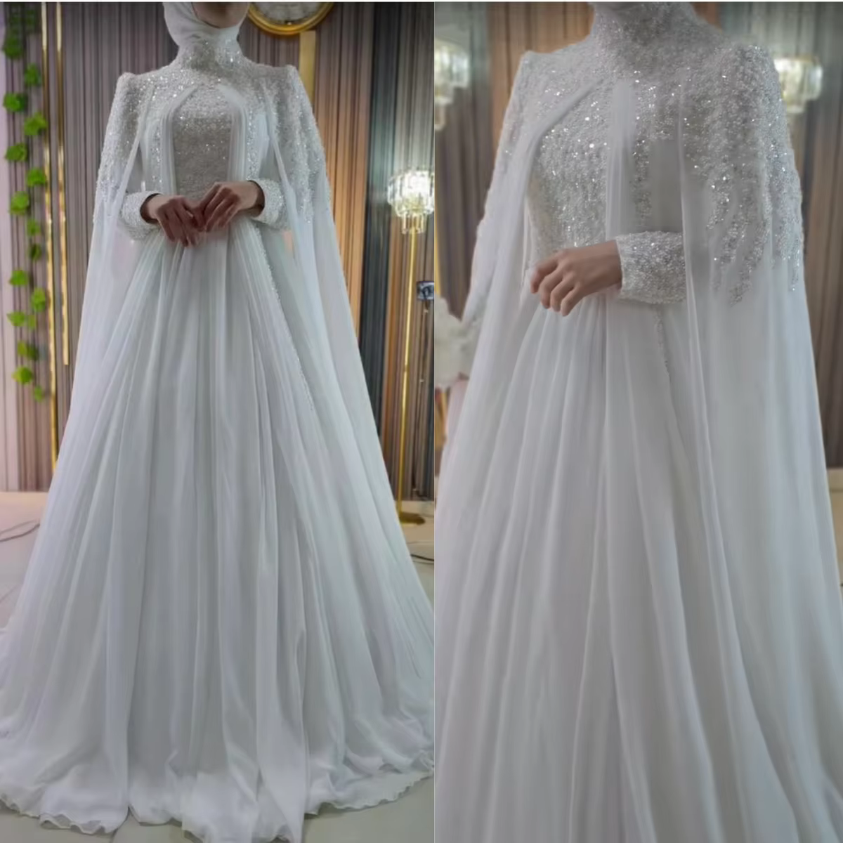Robe de mariée musulmane à manches longues, élégante, col haut, perlée, en mousseline de soie, style