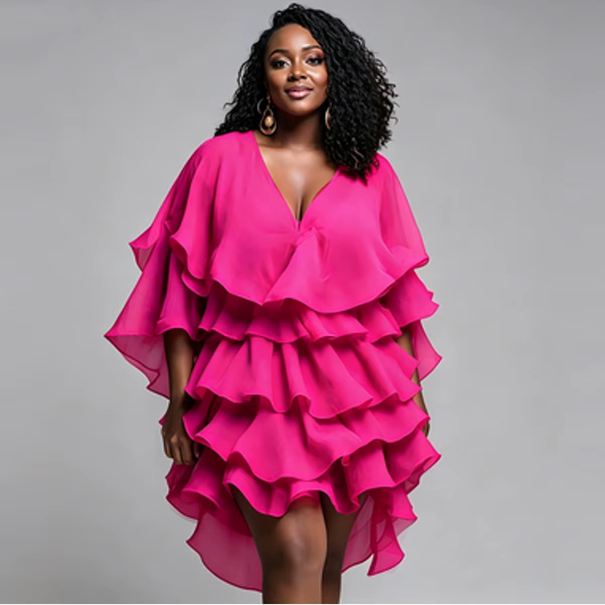 Robe mini fluide rose vif en mousseline à volants multicouches pour femme, col en V profond, manches