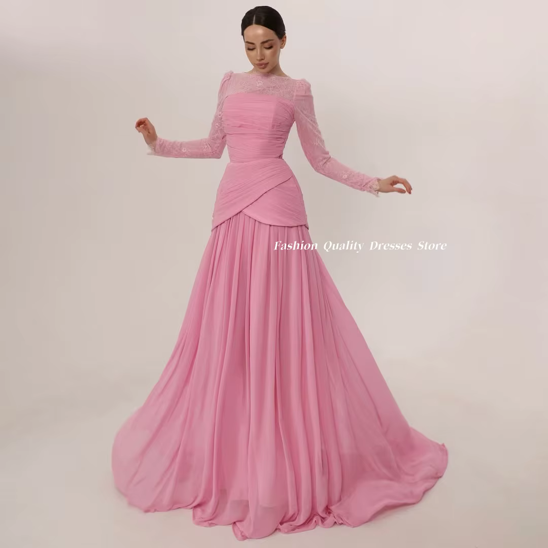Robes de soirée élégantes pour femmes, en dentelle rose, à manches longues, en mousseline de soie pl
