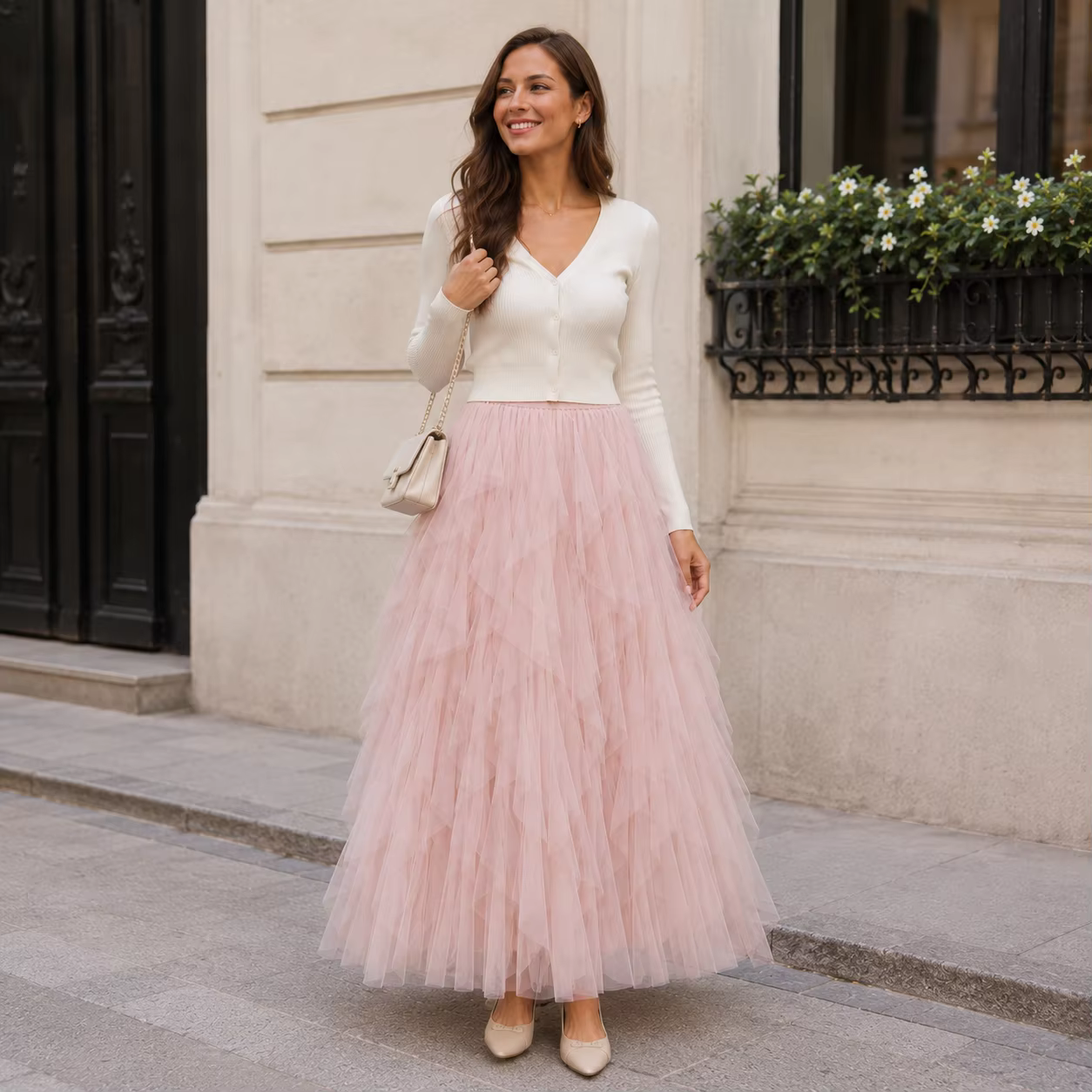 Jupe longue plissée en tulle et maille pour femme 2026, taille haute, couleur unie, élégante, style