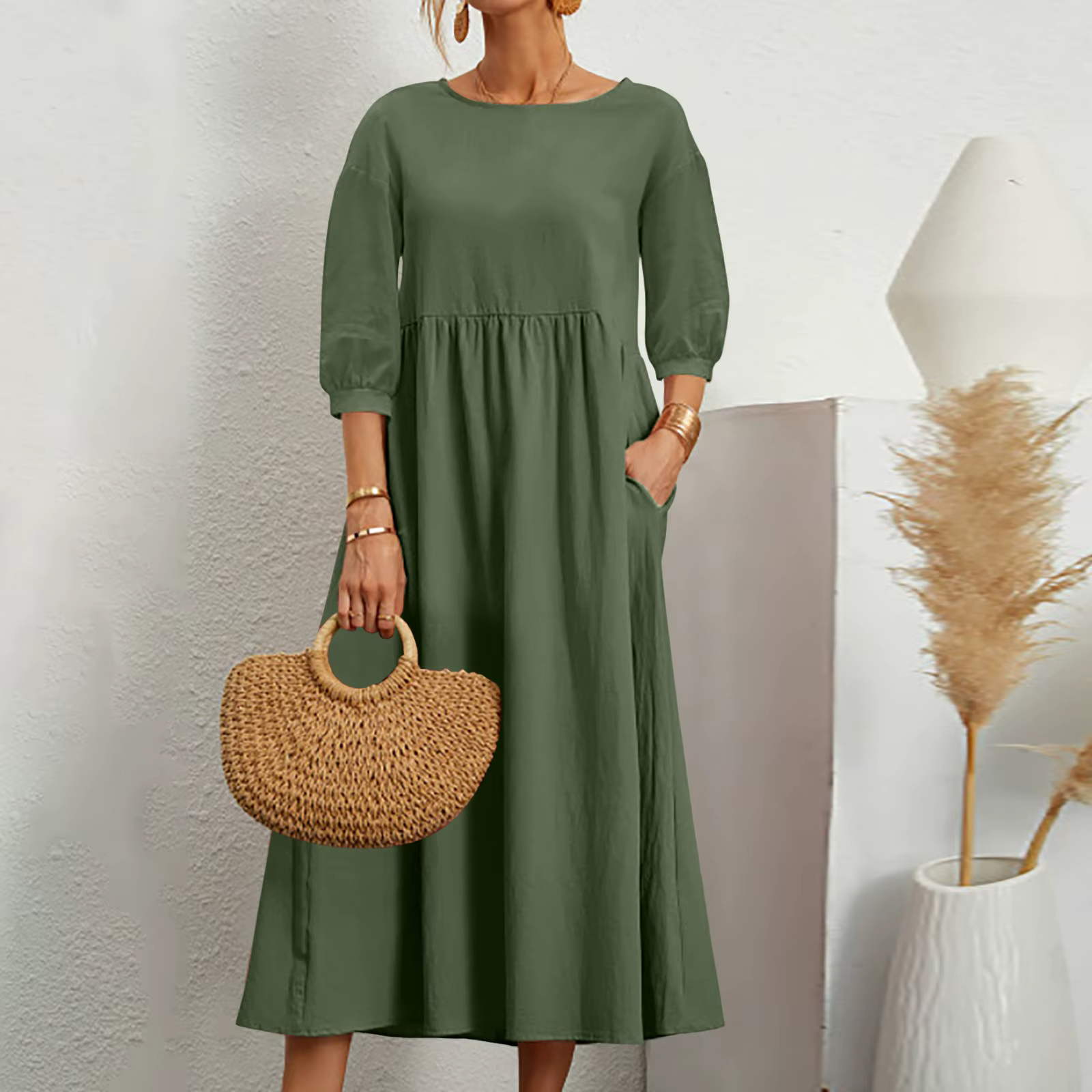 Vintage coton lin Robe longue femmes été solide ample lanterne manches Midi chemise Robe poche col r