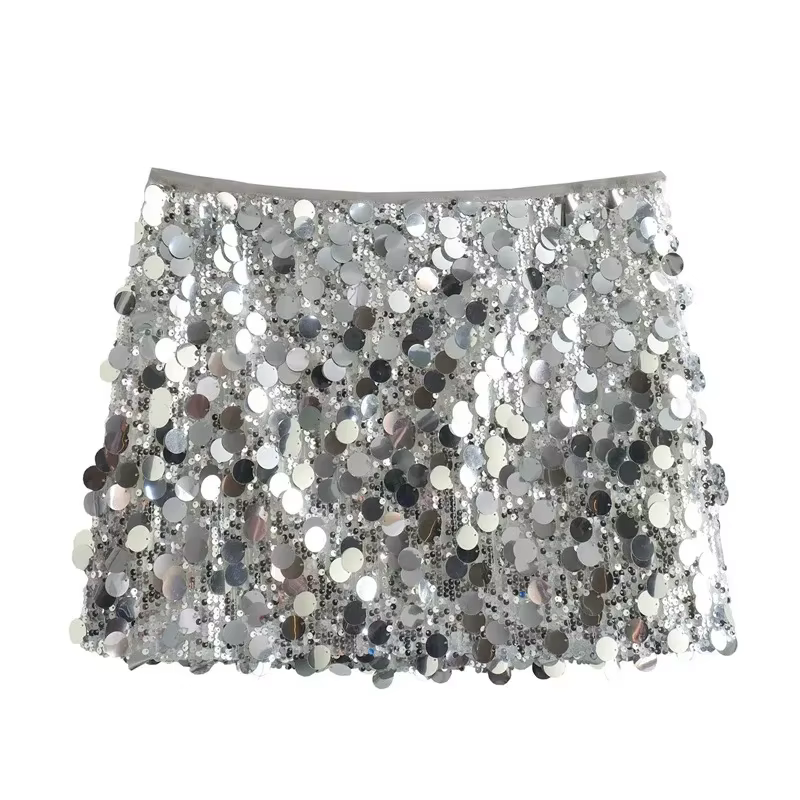 Jupe à paillettes argentées pour femmes, Mini jupe taille haute, mode, paillettes brillantes, jupes