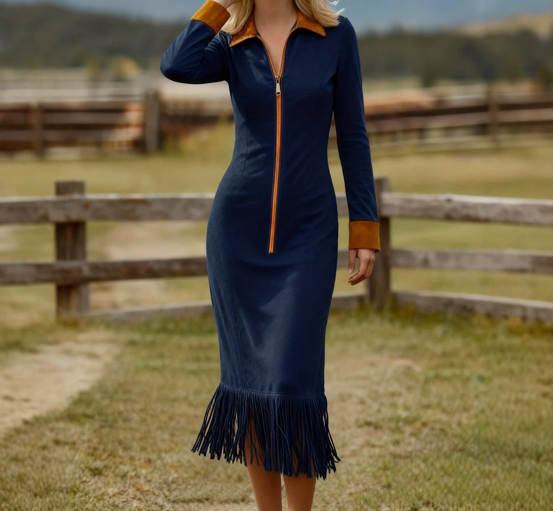 Robe rétro à franges contrastées pour femmes, manches longues, coupe cintrée, nouvelle collection 20