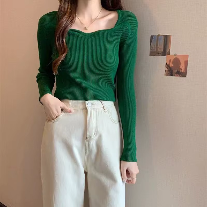 Nouveau col carré de clavicule française à manches longues Chic court mince haut tricoté pull chemis