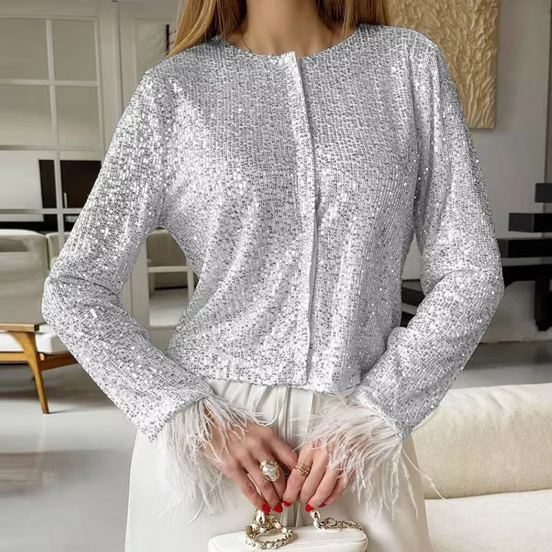 Femmes paillettes à manches longues T-shirt plume printemps automne pull décontracté chemises décont