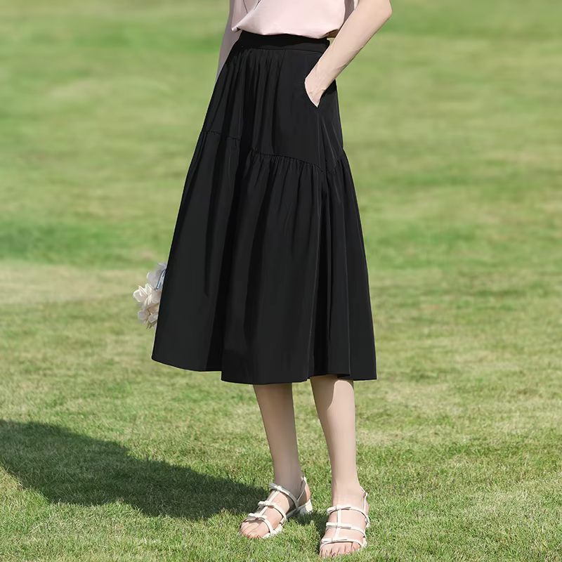 I BELIEVE YOU Jupe midi noire à volants pour femme, taille élastique, coupe éventail, décontractée,
