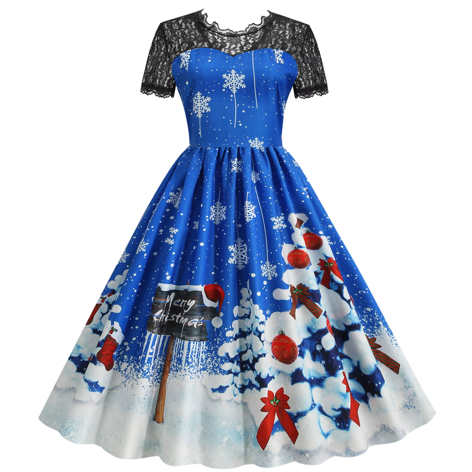 Robe de Noël taille haute à manches courtes pour femmes, dentelle imprimée, vêtements de soirée de N