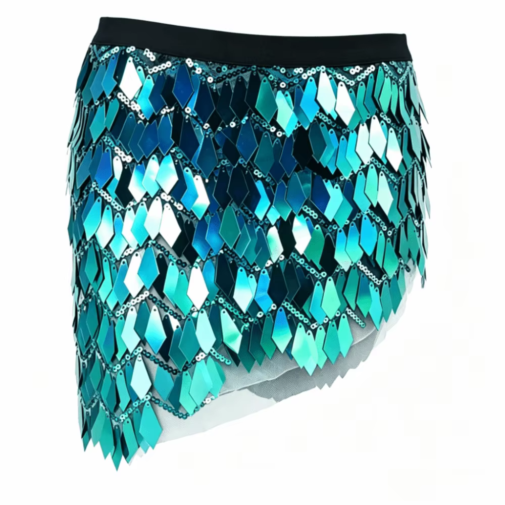 Mini-jupe holographique à sequins, style portefeuille, avec lacets, pour danse du ventre, longueur m