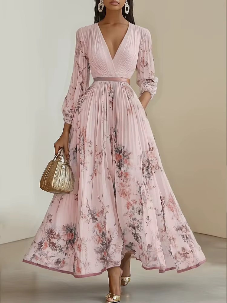 Robe plissée pour femmes, nouvelle collection printemps-automne, imprimé floral, col en V profond, m