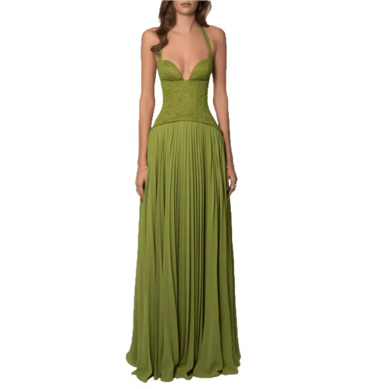 Robe de soirée sexy pour femme, style corset floral à licou, en mousseline plissée, longue et fluide