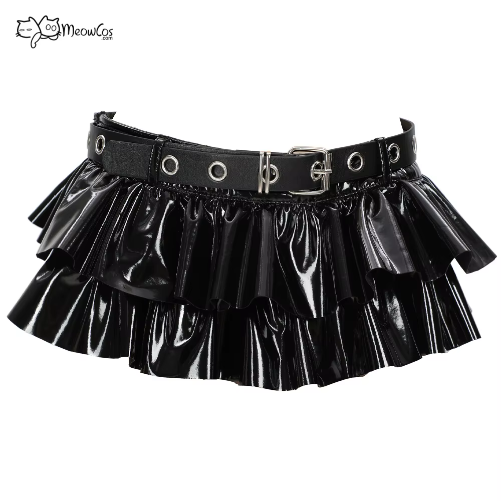 MEOWCOS-Mini Jupe Courte en Cuir Noir Brcorporelle pour Femme, Costume de Cosplay avec Ceinture, Sty