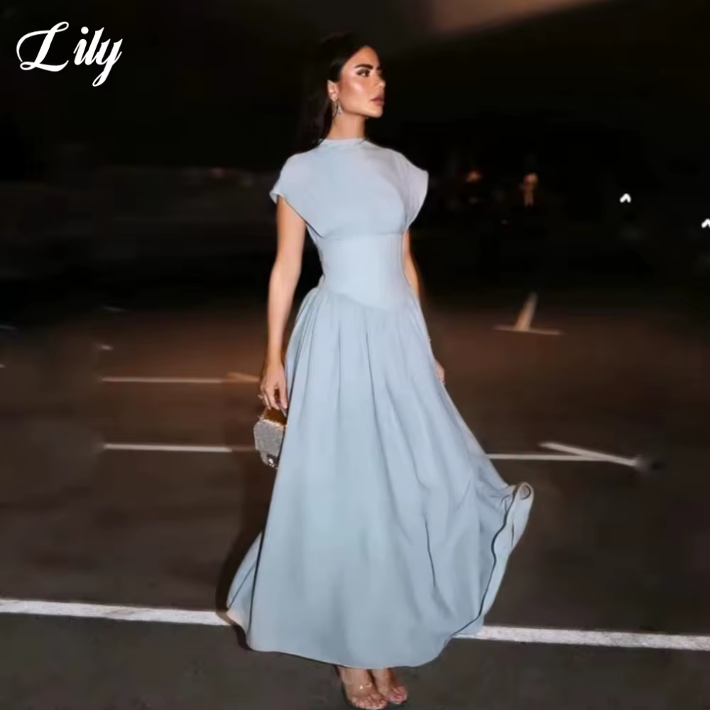 Lily bleu robes de soirée élégantes col rond manches courtes robes de bal a-ligne plissée fête robe