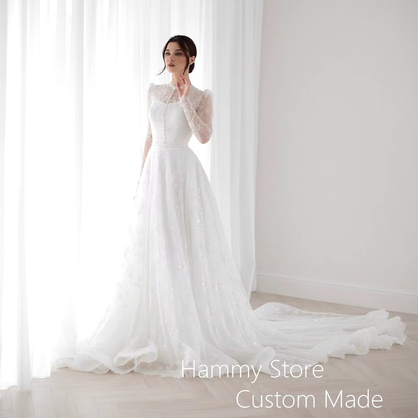 Robe de Mariée Arabe Saoudite Personnalisée à Manches sulf, Vêtement en Dentelle à Paillettes, avec