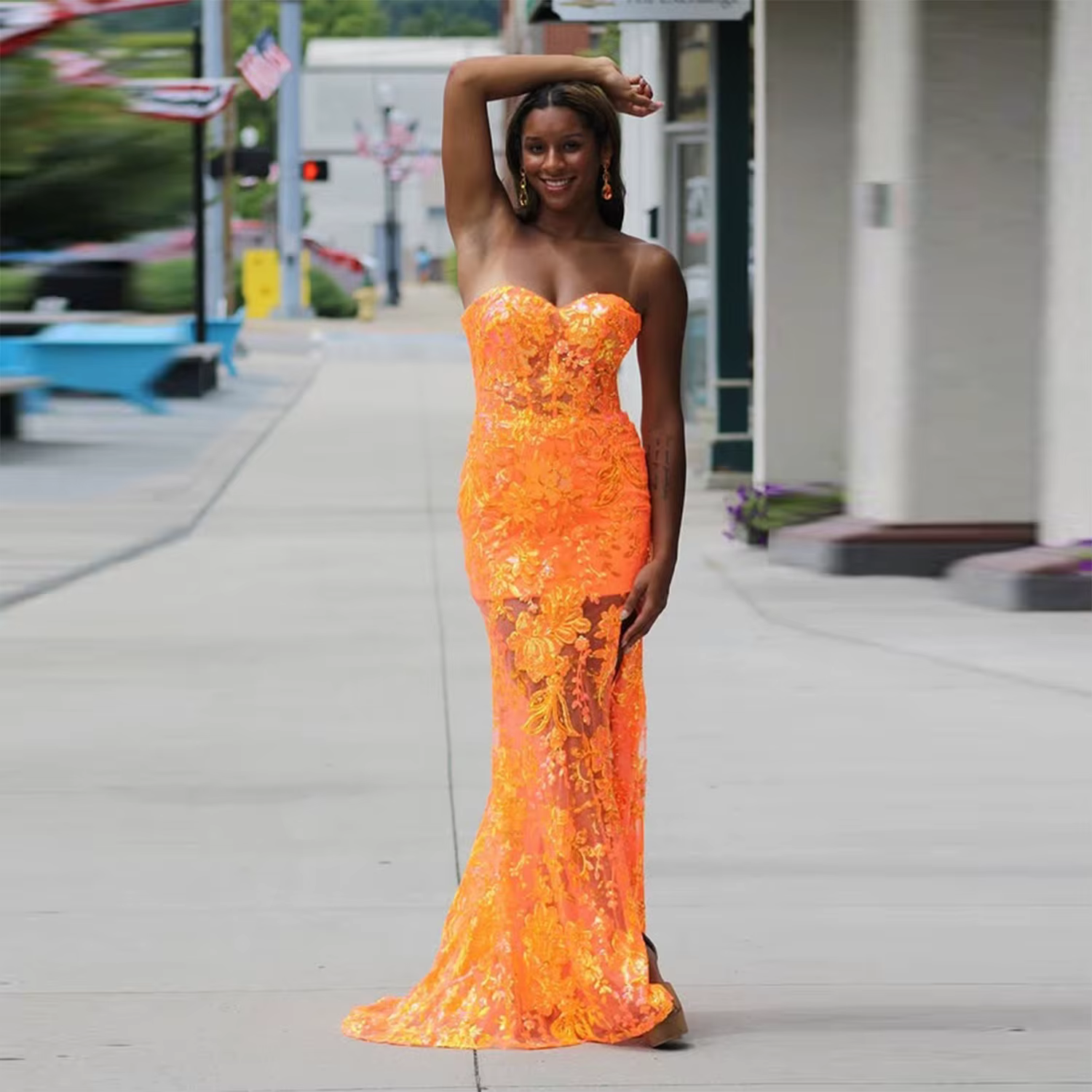 Robe de bal sirène en dentelle orange, sans bretelles, transparente, pour femme, tenue de soirée for