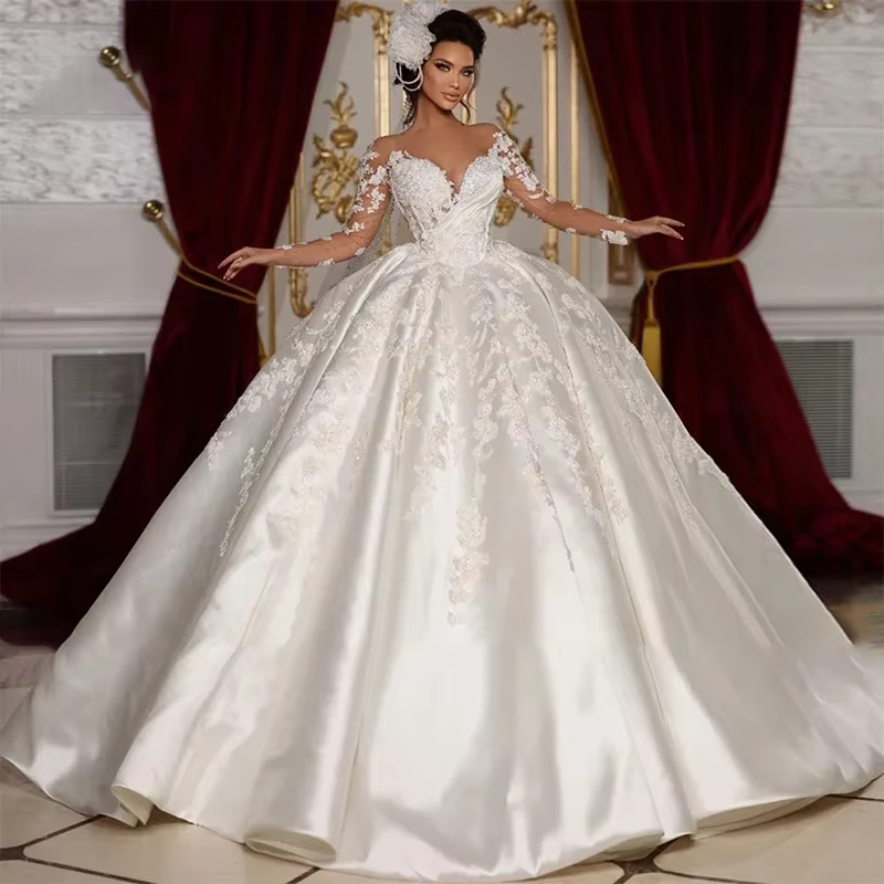 Robe de mariée à manches longues, broderie en dentelle, robe de mariée princesse, robe de bal, robe