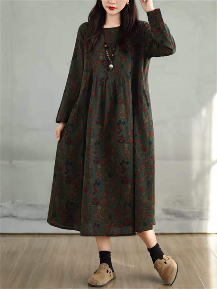 Robes en coton à imprimé floral vintage 2026 pour femmes, robe décontractée ample à manches longues,