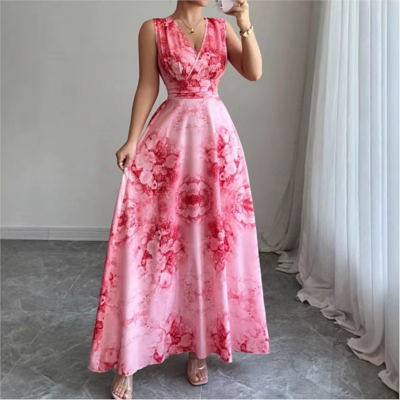 Robe longue élégante pour femmes, nouvelle collection été, col en V, sans manches, amincissante, imp