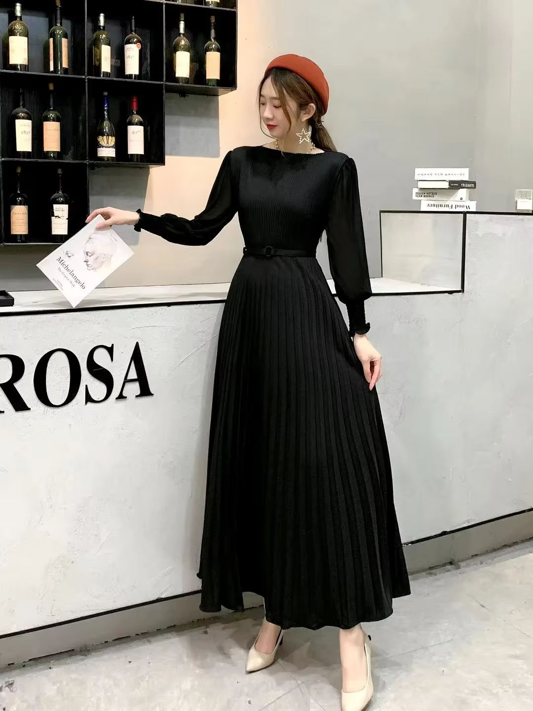 Robe longue plissée pour femmes, ligne A, col rond, manches longues, fête, Maxi, taille haute, ceint
