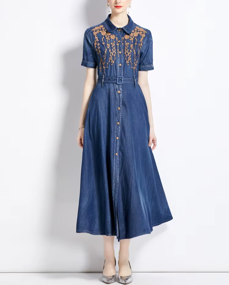 Robe longue en jean bleu pour femme, broderie florale ethnique, style bohème, coupe trapèze, décontr