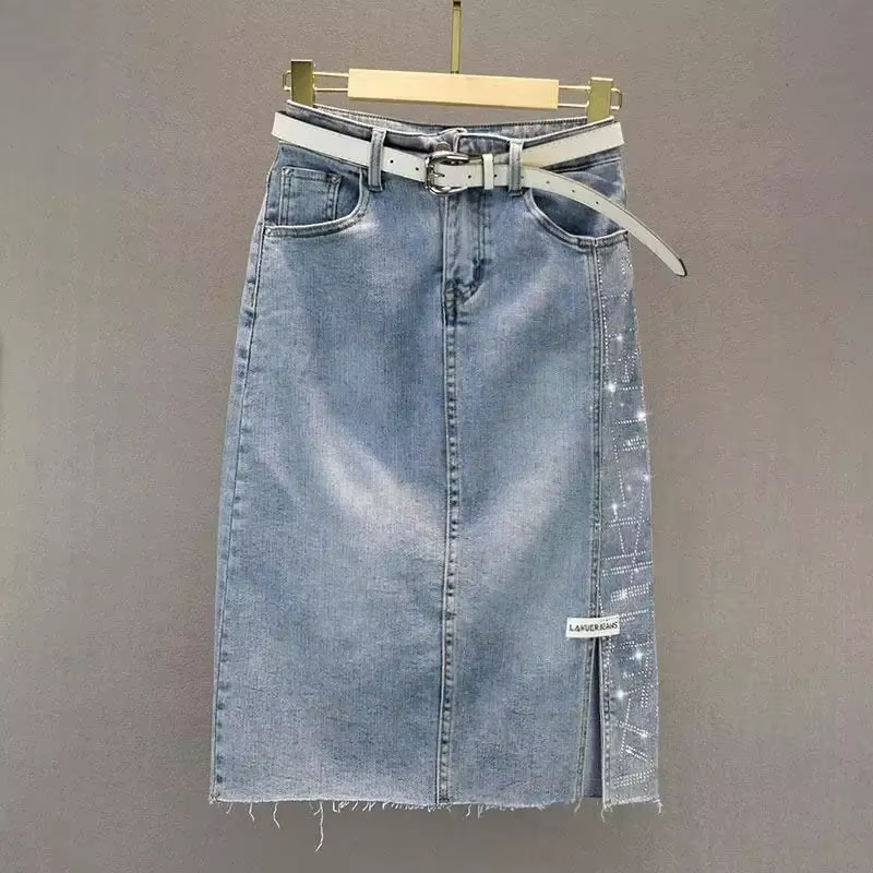 Femme jupe en jean taille haute jupes en jean pour femmes Midi paillettes V vêtements ventes qualité