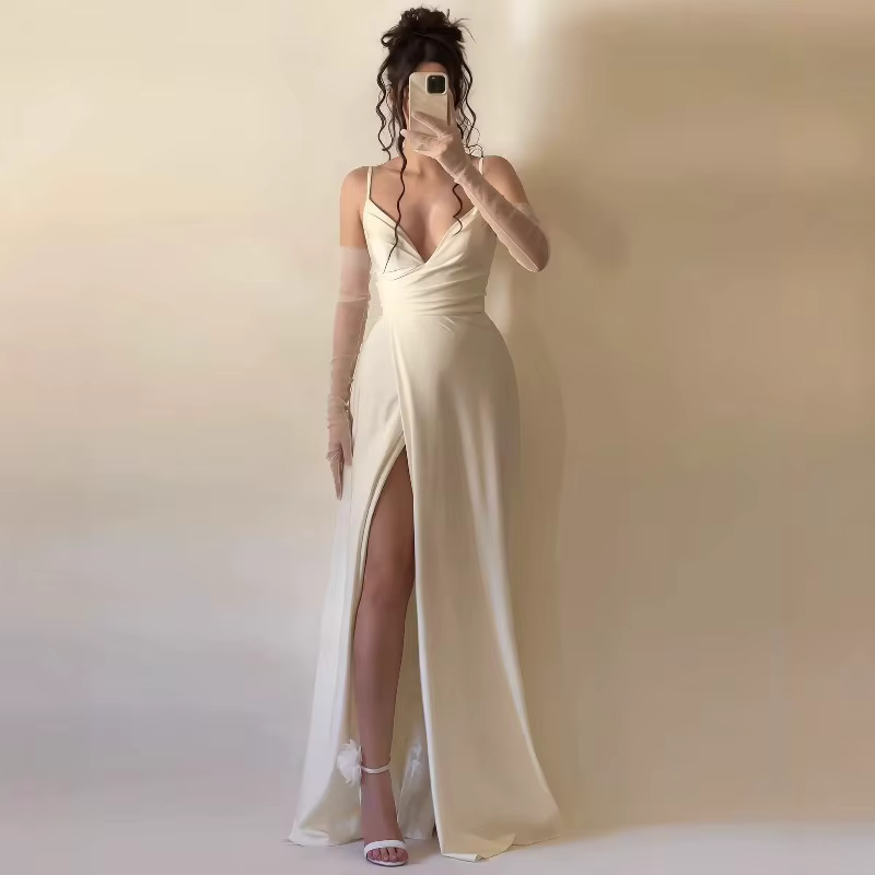 Robe de soirée ligne A, Sexy, décolleté en V profond, Simple, douce, élégante, robe de bal avec fent