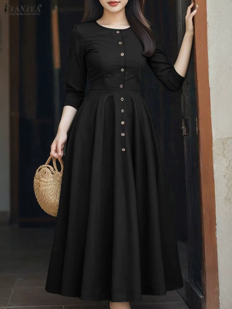 Femmes longues robes ZANZEA élégant bureau dame robes 3/4 manches décontracté solide été boutons mod