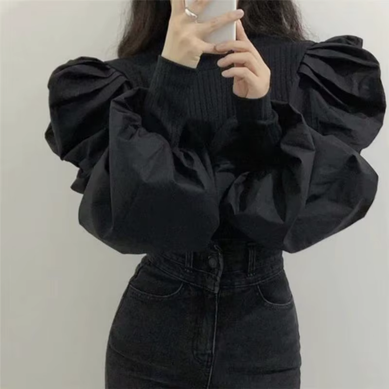 Tricot manches longues bouffantes Blouse femmes couleur unie chemise de base pulls dame bureau vêtem