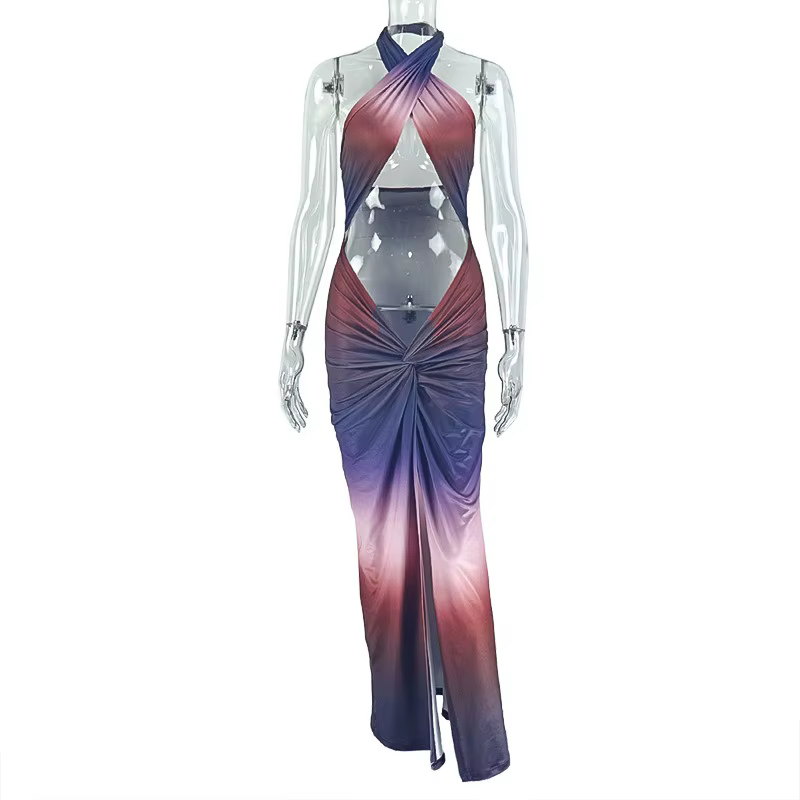 Robe longue plissée fendue sans manches à imprimé dégradé, dos nu, style licou, sexy pour femme