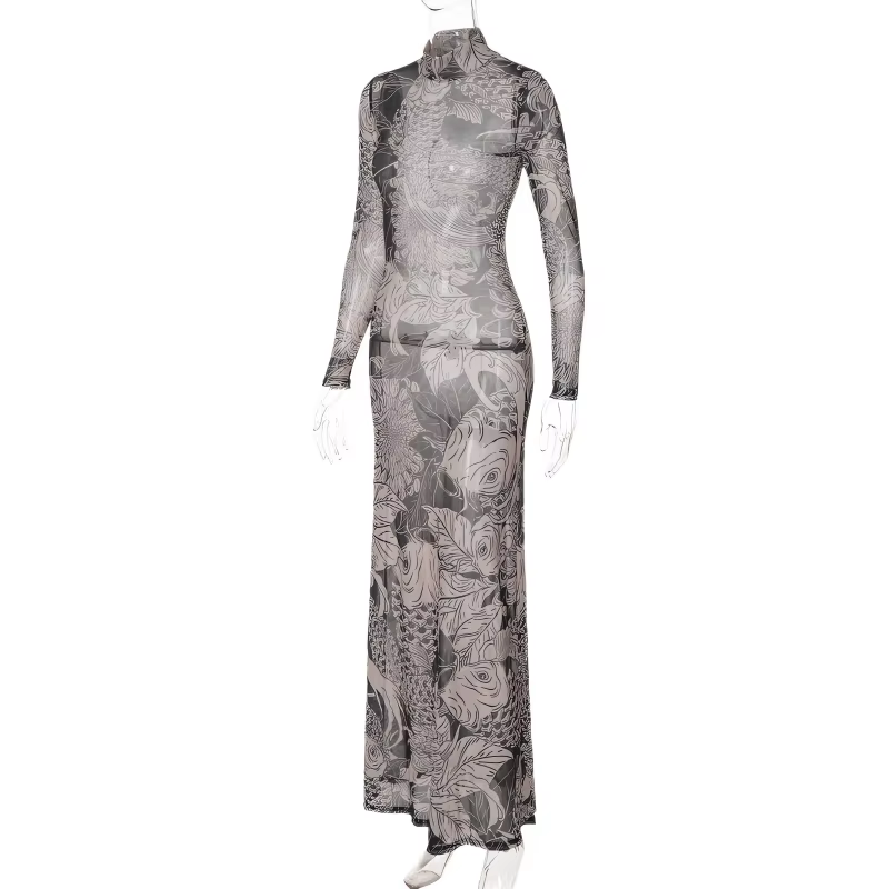 Robe longue moulante Kliou en maille imprimée vintage pour femme, sexy, transparente, à manches long