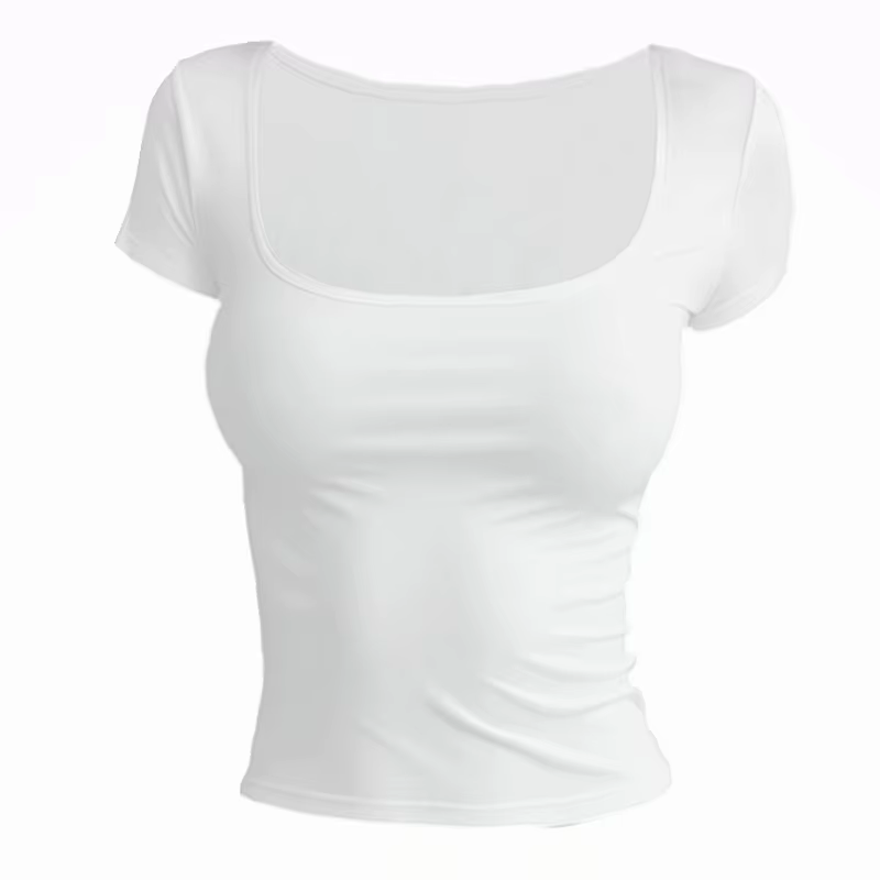 T-shirt à manches courtes pour femmes, couleur unie, col carré élastique, coupe slim, hauts sexy, st