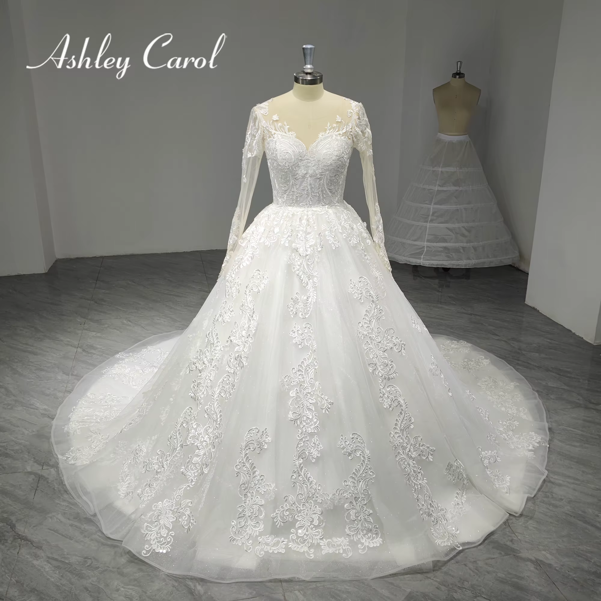 Ashley Carol robes De mariée à manches longues pour les femmes photos réelles mariée Illusion Appliq