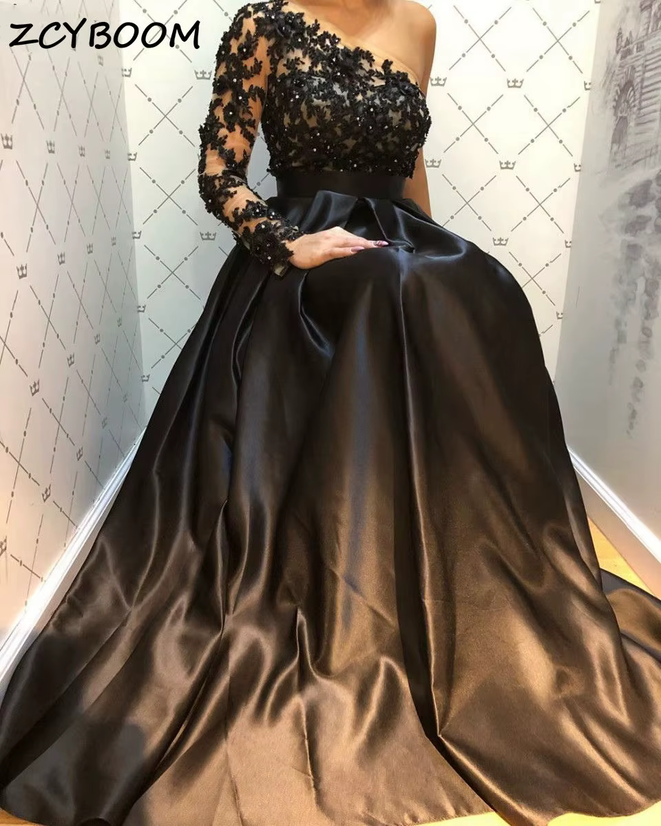 Robes de bal noires 2026 pour femmes, robes de soirée élégantes en satin, robes de gala à volants, a